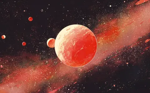 Czerwone planety, w tym duży Mars w raku, unoszą się w gwiezdnym pyle.