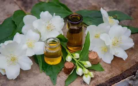 Deux petites fioles d'huile essentielle fleur d'oranger, entourées de fleurs de jasmin blanches et de feuilles vertes sur un fond de bois.