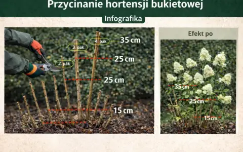 Instrukcja, kiedy przycinać hortensję bukietową. Pokazuje przycinanie pędów na różne wysokości (15-35 cm) i efekt po zabiegu.