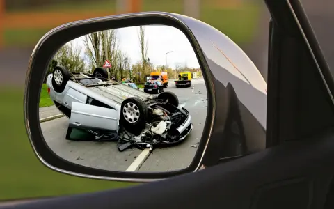 Widok z lusterka: wywrócony samochód, pomarańczowa i żółta ciężarówka na drodze. nnw.