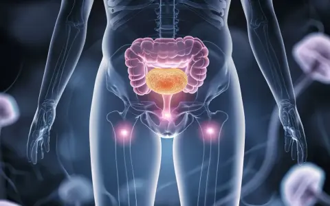 Anatomia człowieka z widocznym jelitem grubym i pęcherzem. Może to symbolizować ucisk na pęcherz.