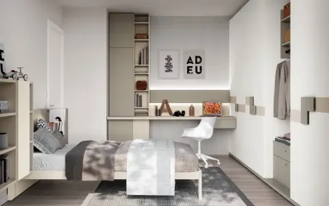 Moderna zona studio ragazzi con letto, scrivania, libreria e armadio.