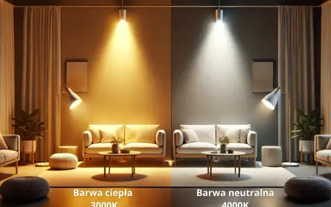 Porównanie barwy światła: ciepła 3000K po lewej, neutralna 4000K po prawej. Wnętrze z sofami i lampami.