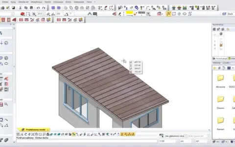 Projektowanie dachu jednospadowego w programie CAD. Widok 3D budynku z zaznaczonym dachem.