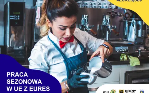 Baristka przygotowuje kawę, szukając pracy dla studenta za granicą. #EURESjobs