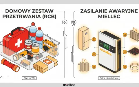 Zestaw przetrwania na wypadek blackout w Polsce: apteczka, woda, jedzenie, radio, latarki. Zasilanie awaryjne Miellec zapewnia prąd do lodówki, ogrzewania, kuchenki i oświetlenia.