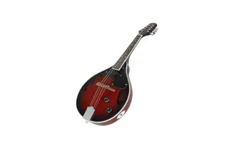 Une mandoline instrument de musique, avec son corps en bois rouge et noir, prête à jouer une mélodie entraînante.