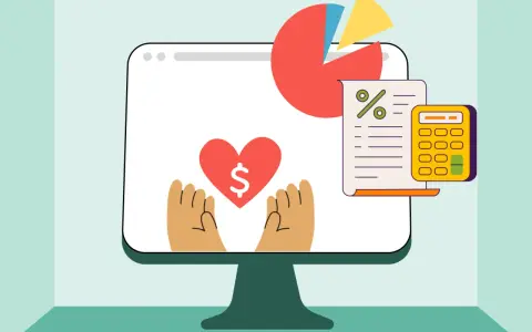 Illustration of a computer screen showing a heart with a dollar sign, hands reaching up, a pie chart, and a calculator, symbolizing pro bono accounting services for nonprofits.