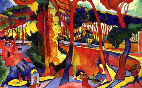 Paysage vibrant aux arbres rouges et bleus, typique du fauvisme Henri Matisse. Des figures humaines colorées animent la scène.