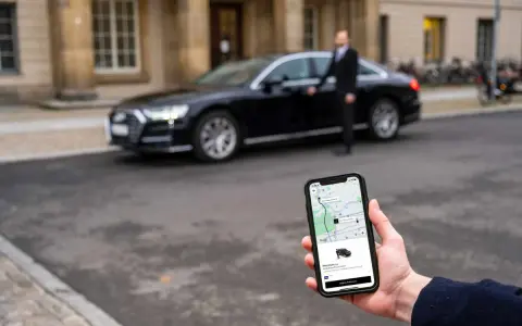 Hand hält Smartphone mit Uber-App, die eine Fahrt mit uber premium cars anzeigt. Ein Fahrer steht neben einem schwarzen Audi.