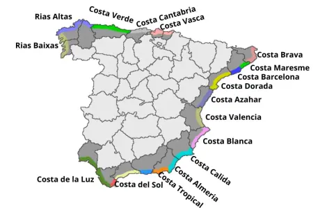 Mapa prezentuje regiony Hiszpanii, w tym wybrzeża takie jak Costa Brava, Costa Dorada i Costa de la Luz.