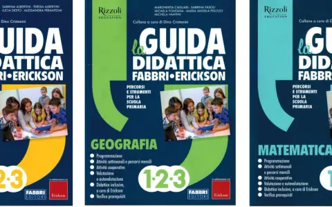 Copertine di libri scolastici "La Guida Didattica Fabbri Erickson" per scuola primaria, con bambini e insegnanti che usano un tablet. Offrono percorsi e strumenti per laboratori creativi.