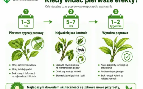Grafika pokazuje, jak najskuteczniejszy preparat na mszyce działa w czasie: pierwsze sygnały poprawy po 1-3 dniach, kontrola po 5-7 dniach, a wyraźna poprawa po 1-2 tygodniach.