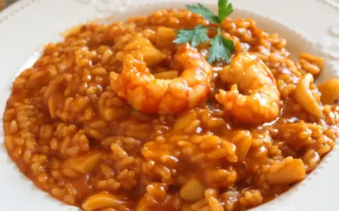 Delicioso arroz caldoso con gambas y trozos de calamar, adornado con una ramita de perejil.