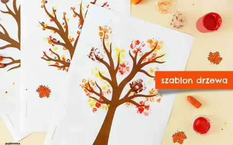 Jesienne drzewo bez liści, szablon do druku, ozdobione kolorowymi odciskami palców. Idealne do kreatywnych zabaw.