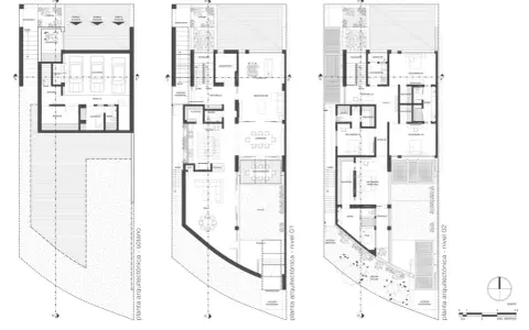 Pianta architettonica di una pianta casa a schiera su 2 piani: seminterrato con garage, piano terra con cucina e soggiorno, primo piano con camere da letto.