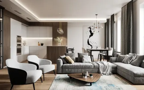Soggiorno e cucina open space con divano angolare grigio, poltrone bianche, tavolino in legno e un tocco di **arredamento contemporaneo chic**.