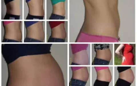Bauchveränderungen über die Zeit, beginnend mit einem flachen Bauch, der sich langsam rundet. Man sieht, wie der Bauch wächst, als ob man 1 Woche schwanger wäre und sich weiterentwickelt.