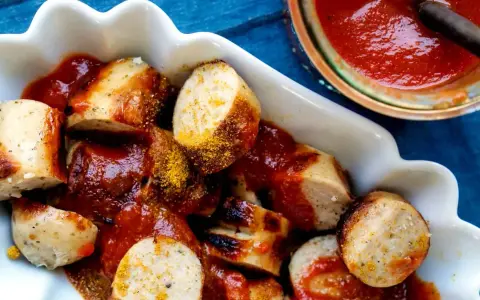 Leckere Currywurst mit einer würzigen Currywurst-Sauce und Currypulver bestreut, serviert in einer weißen Schale.