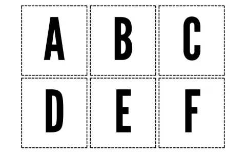 Letras A, B, C, D, E, F en cuadros punteados. Ideales como tipos de letras para imprimir y decorar.