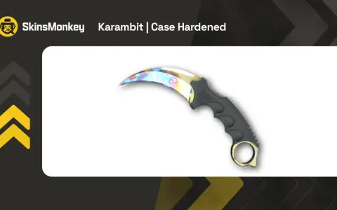 Karambit Case Hardened z CS:GO, jeden z najdroższych skinów, błyszczy tęczowymi barwami.