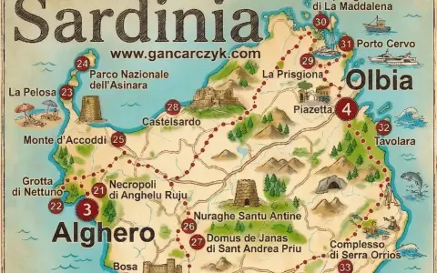 Mapa turystyczna Sardynii, pokazująca gdzie leży ta włoska wyspa, z zaznaczonymi atrakcjami jak Alghero, Olbia i Porto Cervo.