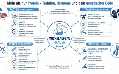 Grafik erklärt Muskelaufbau bei Frauen: Protein, Training, Hormone und Genetik sind Schlüssel für Muskelmasse.