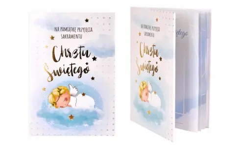 Pamiątka Chrztu Świętego. Uroczy aniołek na chmurce. Idealna, by wpisać datę, gdy sakramentu udzielono.