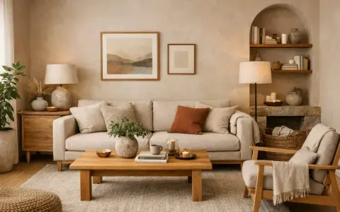 Soggiorno accogliente con divano beige, tavolino in legno e quadri con paesaggi. Perfetti abbinamenti caldi colori pareti soggiorno per un'atmosfera rilassante.