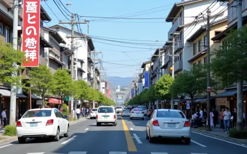 Jaki ruch jest w Japonii? Ulica w Kioto z samochodami, pieszymi i tradycyjną architekturą.
