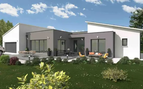 Maison moderne de plain-pied avec garage, terrasse aménagée et jardin verdoyant.