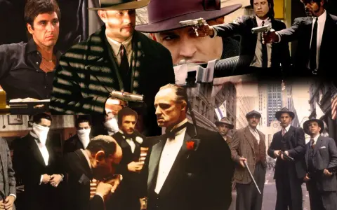 Collage di scene iconiche di film criminali: uomini con pistole, abiti eleganti e sguardi minacciosi.