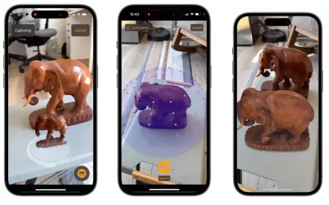 Skanowanie 3D iPhone'em: aplikacja AR tworzy cyfrowy model drewnianego słonia, pokazując proces przechwytywania i finalny efekt.
