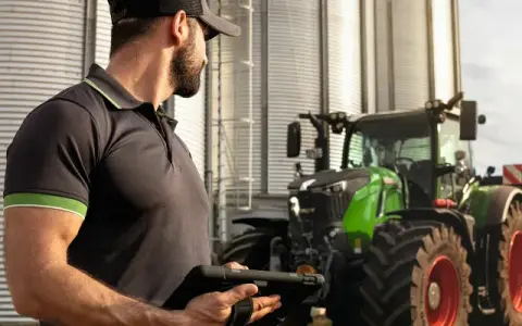 Rolnik z tabletem przy silosach, obok zielony traktor Fendt. W tle biała furgonetka.
