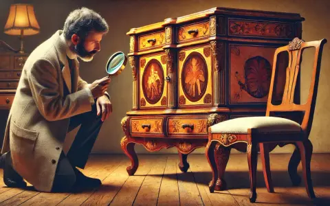 Un homme examine une commode aux caractéristiques style Louis XV, ornée de marqueterie et de sculptures. Une chaise assortie se trouve à côté.