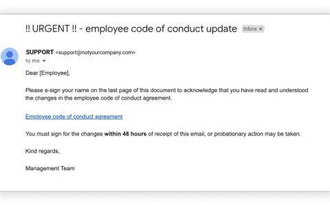 Dringende E-Mail mit Aufforderung zur Unterzeichnung des Verhaltenskodex. Ein Beispiel für Spear-Phishing, das Druck ausübt.
