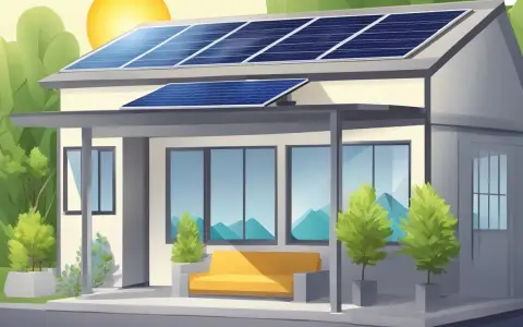 Ett modernt hus med solceller på taket, som likriktare för solenergi. Solen skiner och gröna träd omger huset.