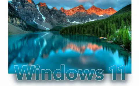 Bergsee mit Spiegelung, Wald und dem Schriftzug "Windows 11". Ein visueller Unterschied zu Windows 10.