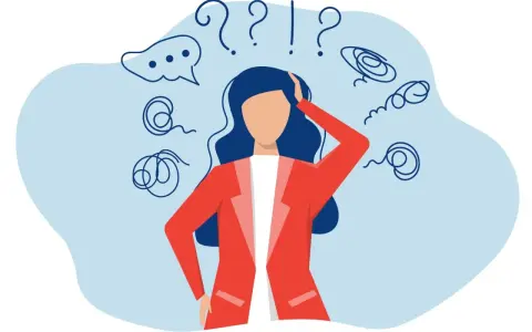 Femme perplexe, entourée de points d'interrogation et de spirales, évoquant le stress ou un test TDah.