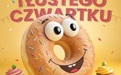 Wesołe życzenia na Tłusty Czwartek od uśmiechniętego pączka z posypką i babeczek.