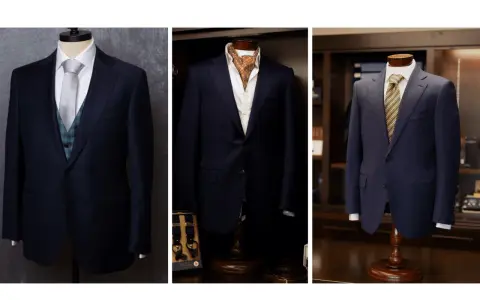 Three navy blue suit colors displayed on mannequins, showcasing different tie and vest combinations for a sophisticated look.
