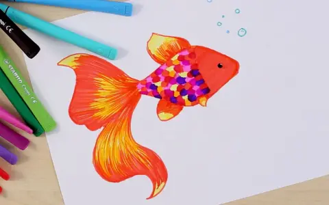Bunter Fisch mit bunten Schuppen, inspiriert von der Frage: was soll ich malen kinder. Buntstifte liegen daneben.