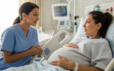 Lekarka rozmawia z ciężarną pacjentką w szpitalu. Dowiaduje się, ile trwa specjalizacja z ginekologii, by móc pomóc przyszłym mamom.
