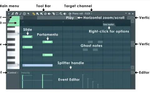 Piano roll w FL Studio: menu, pasek narzędzi, edytor nut, portamento, ghost notes, zoom i przewijanie. Poznaj fl studio shortcuts!