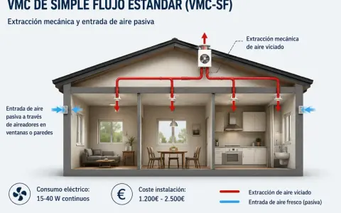 Diagrama de ventilación mecánica controlada en una casa. Muestra la extracción de aire viciado y la entrada pasiva de aire fresco.