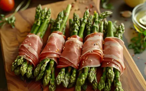 Des asperges au jambon, roulées et assaisonnées, prêtes à être servies comme délicieuses entrées.