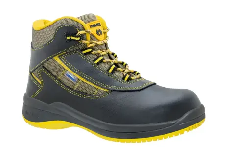 Bota de seguridad negra y amarilla, ideal para aliviar dolor de pies por botas de seguridad. Confort y protección garantizados.