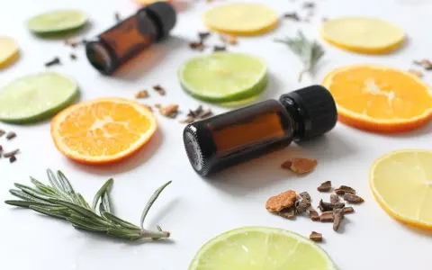 Ingredientes para hacer un ambientador mikado: aceites esenciales, rodajas de cítricos, romero y especias.
