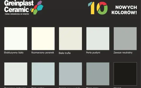 Paleta barw Greinplast Ceramic: od bieli, przez odcienie **kolor popielaty a szary**, po głęboki węgiel.