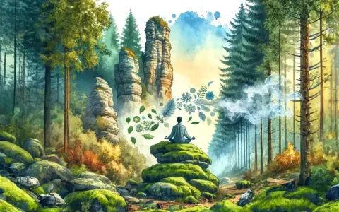 Meditierender Mann in einem moosbewachsenen Wald, umgeben von Felsformationen und magischen Elementen. Eine Fantasiereise in den Wald.